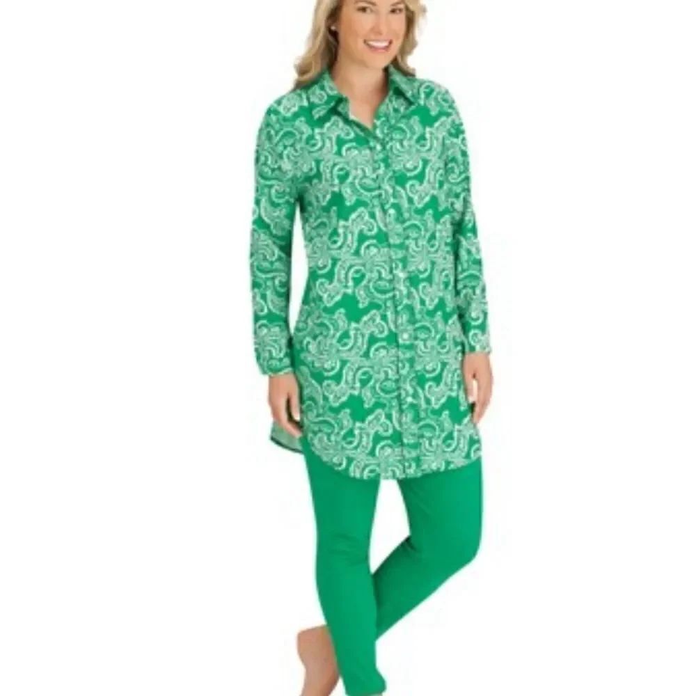 Collections Etc Womens Flannel Tunic Shirt and Legging Matching Set Emerald XXL
